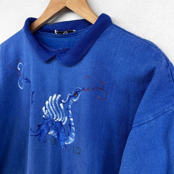 SCOTT LOWELL Sweatshirt Womens XL Dragon Hand Painted Collared 3/4 Sleeve Blue - Picture 3 of 14